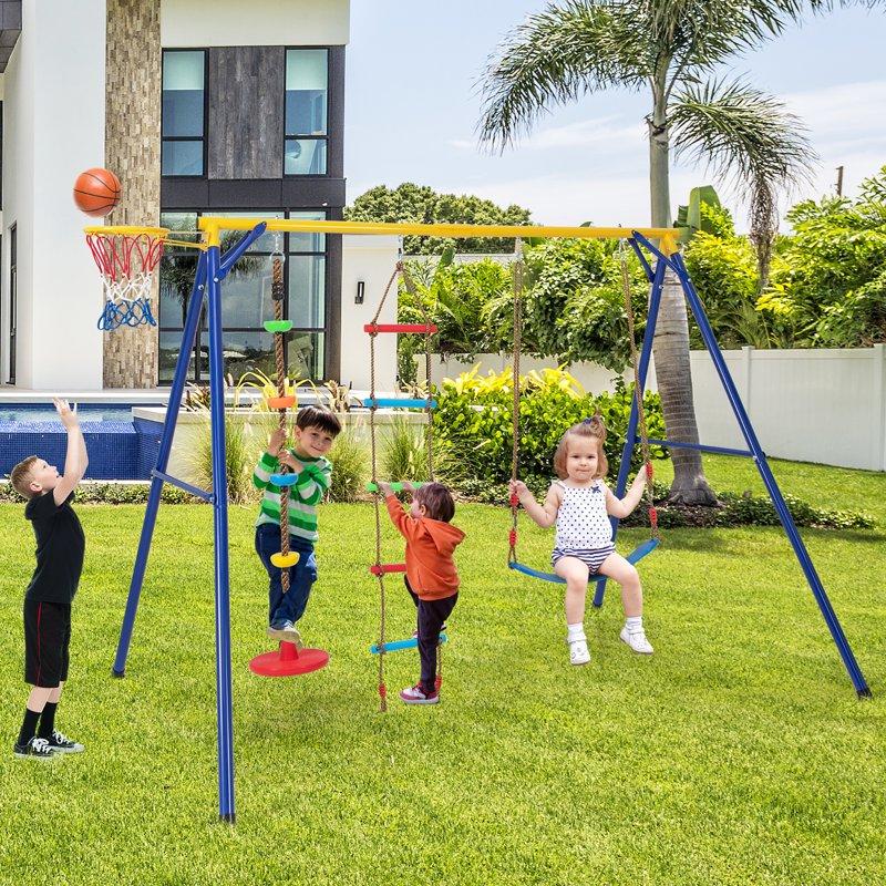 Gymax 4-in-1 Kids Swing Set With Basketball Hoop 97" X 75" X 74" Carbon Steel Yellow/Blue