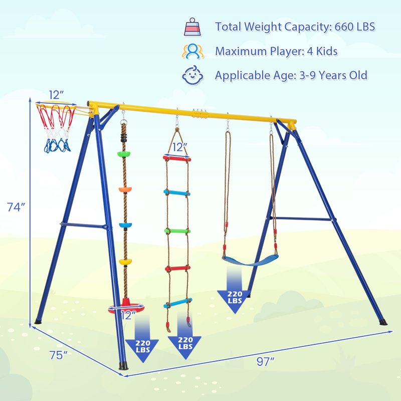 Gymax 4-in-1 Kids Swing Set With Basketball Hoop 97" X 75" X 74" Carbon Steel Yellow/Blue