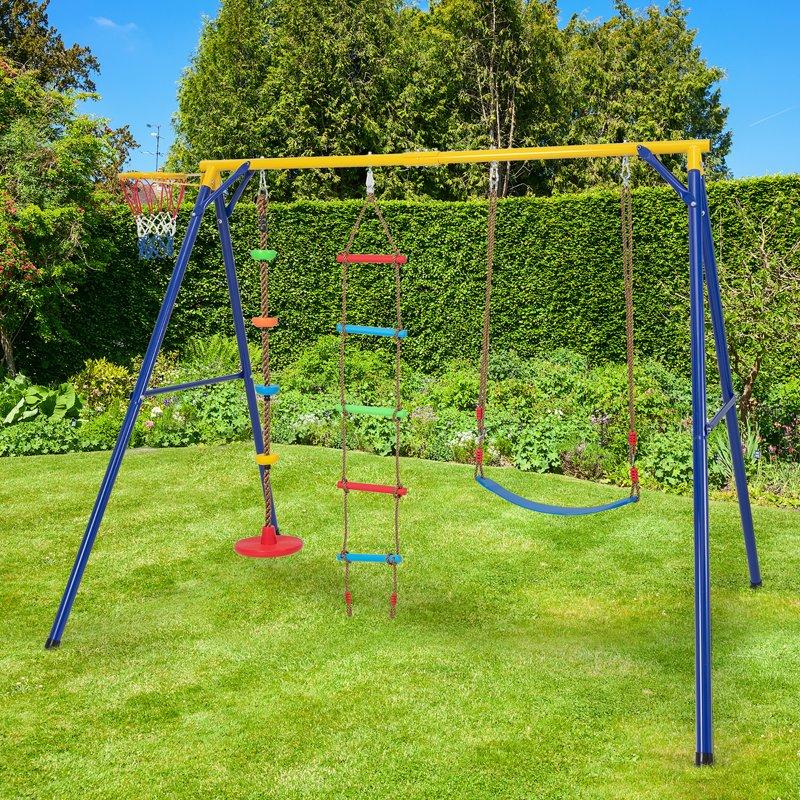 Gymax 4-in-1 Kids Swing Set With Basketball Hoop 97" X 75" X 74" Carbon Steel Yellow/Blue