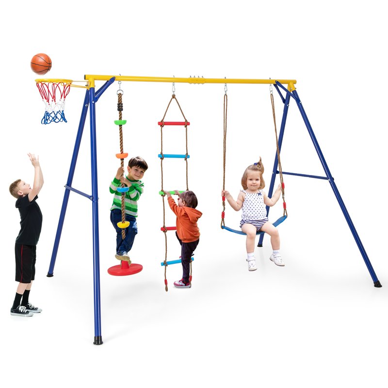 Gymax 4-in-1 Kids Swing Set with Basketball Hoop 97" x 75" x 74" Carbon Steel Yellow/Blue