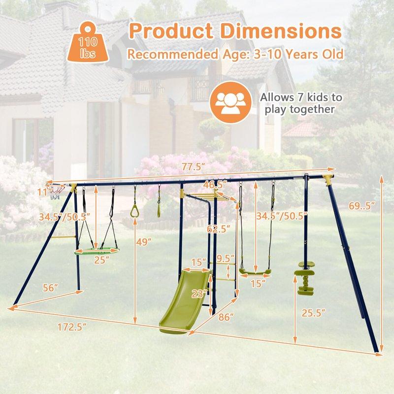 Gymax 660 Lbs Kids Metal Swing Set For Backyard 7-in-1 Multifunctional Swing Set