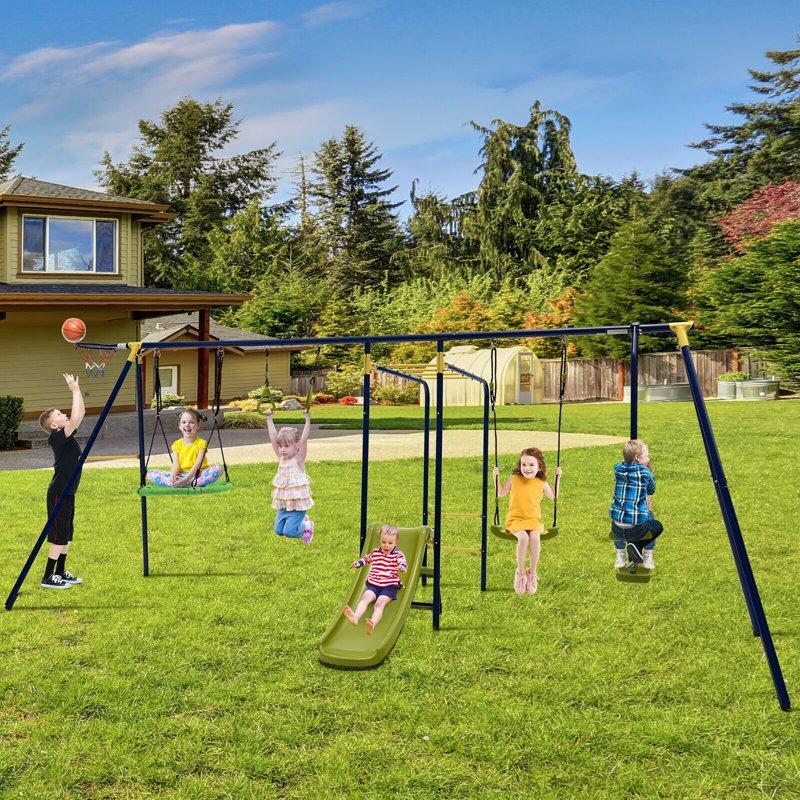Gymax 660 Lbs Kids Metal Swing Set For Backyard 7-in-1 Multifunctional Swing Set