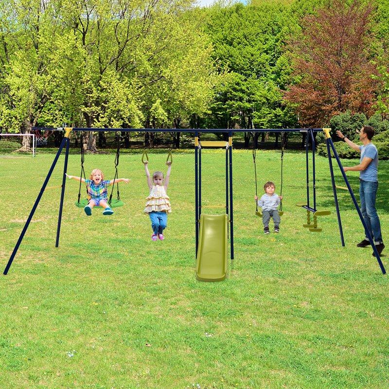 Gymax 660 Lbs Kids Metal Swing Set For Backyard 7-in-1 Multifunctional Swing Set