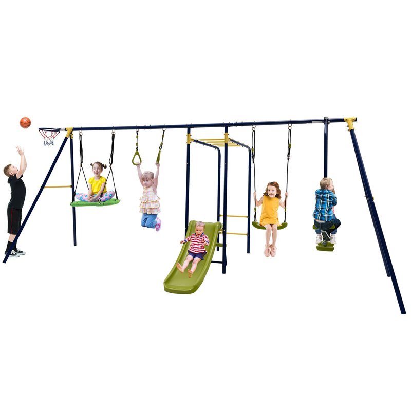 Gymax 660 lbs Kids Metal Swing Set for Backyard 7-in-1 Multifunctional Swing Set