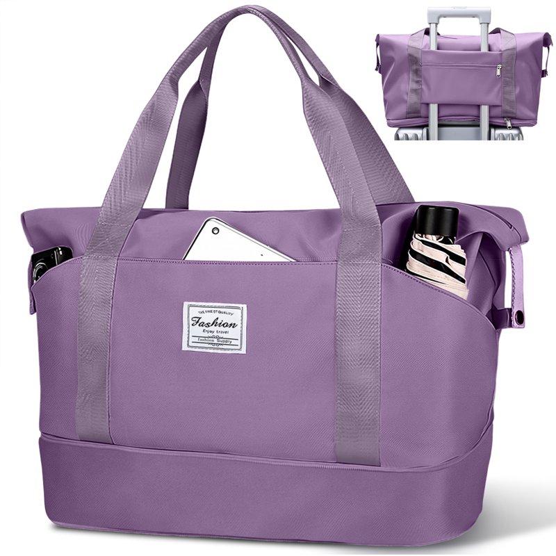 Gynky Travel Duffel Bag For Women Men Waterproof Carry On Expandable Duffle Tote Shoulder Weekender Overnight Bags W/ 3 Front Pocket/Wet Dry Pocket/Trolley Sleeve Sport Dance Gym Bag Luggage Purple