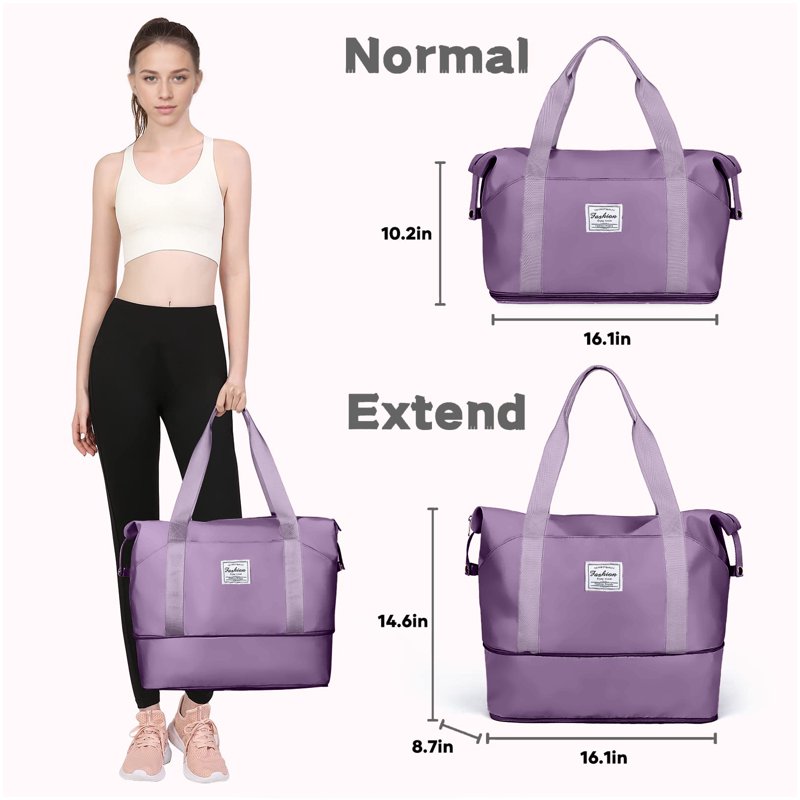 Gynky Travel Duffel Bag For Women Men Waterproof Carry On Expandable Duffle Tote Shoulder Weekender Overnight Bags W/ 3 Front Pocket/Wet Dry Pocket/Trolley Sleeve Sport Dance Gym Bag Luggage Purple