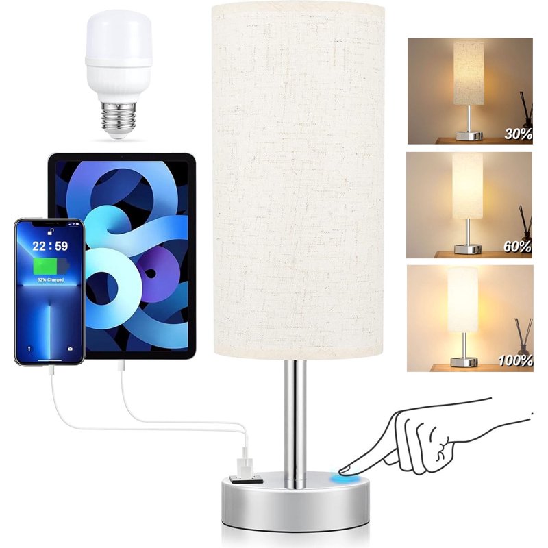 HadinEEon 15.4" Table Lamp 3 Way Dimmable Light Touch Lamp USB C&A Fast Charging Ports Fabric Shade Silver Base For Bedroom Living Room Office