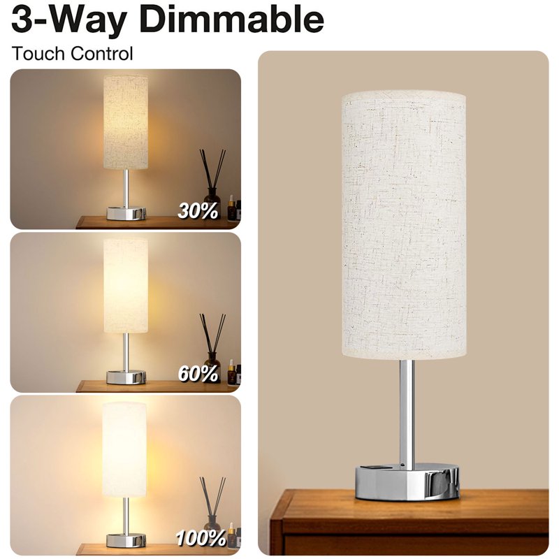 HadinEEon 15.4" Table Lamp 3 Way Dimmable Light Touch Lamp USB C&A Fast Charging Ports Fabric Shade Silver Base For Bedroom Living Room Office