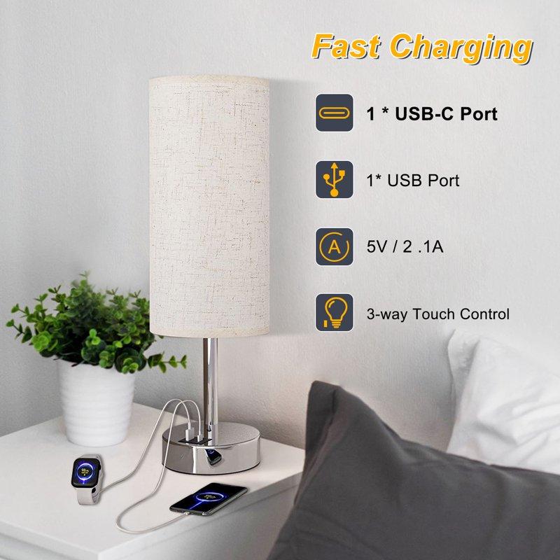 HadinEEon 15.4" Table Lamp 3 Way Dimmable Light Touch Lamp USB C&A Fast Charging Ports Fabric Shade Silver Base For Bedroom Living Room Office