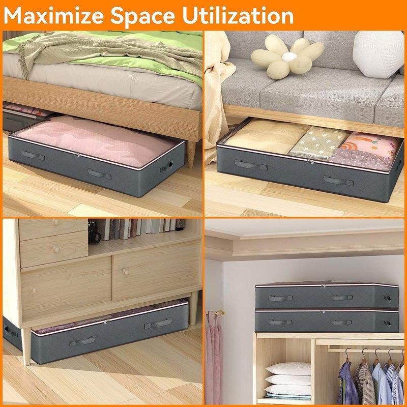 HadinEEon 4 Pack 90L Under Bed Storage Bags With Reinforced Handles Visible Underbed Storage Breathable Non-woven Closet Storage For Blanket Comforter Bedding