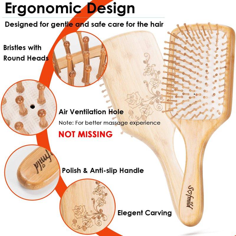 Hair Brush Paddle Natural Wooden Bamboo Brush And Detangle Tail Hair Comb Set For Massage Scalp
