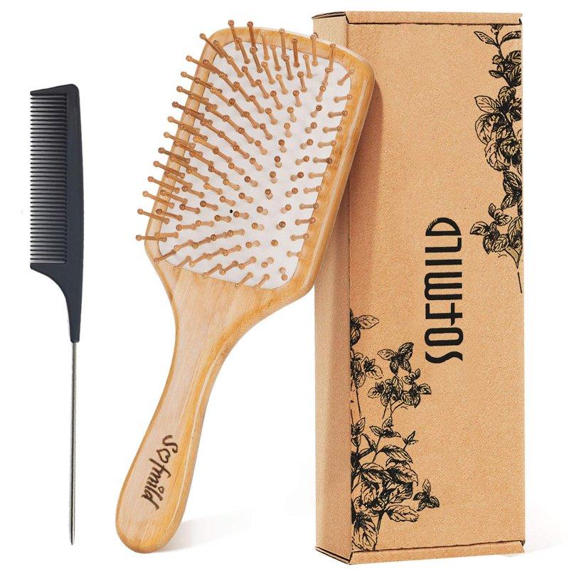 Hair Brush Paddle Natural Wooden Bamboo Brush and Detangle Tail Hair Comb Set for Massage Scalp
