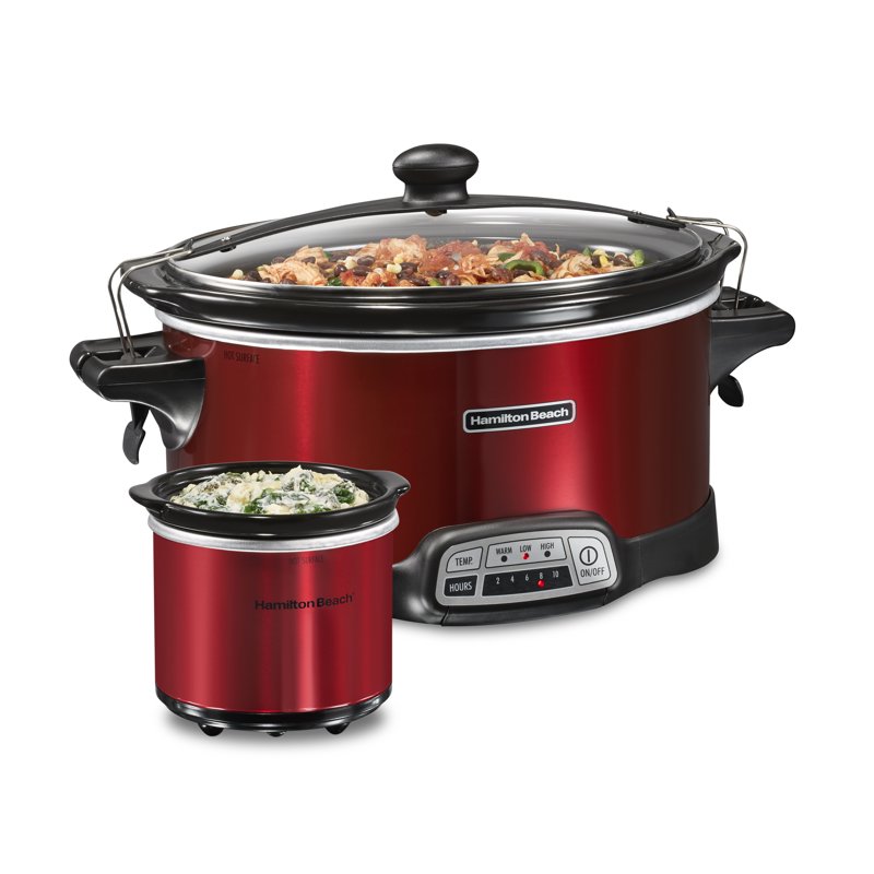 Hamilton Beach 7 Qt Programmable Slow Cooker Stoneware Crock with Removable Pot Includes Party Dipper Food Warmer Red