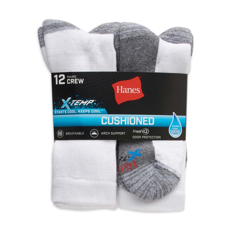 Hanes Men's X-Temp Cushioned With Arch & Vent Crew Socks 12 Pack