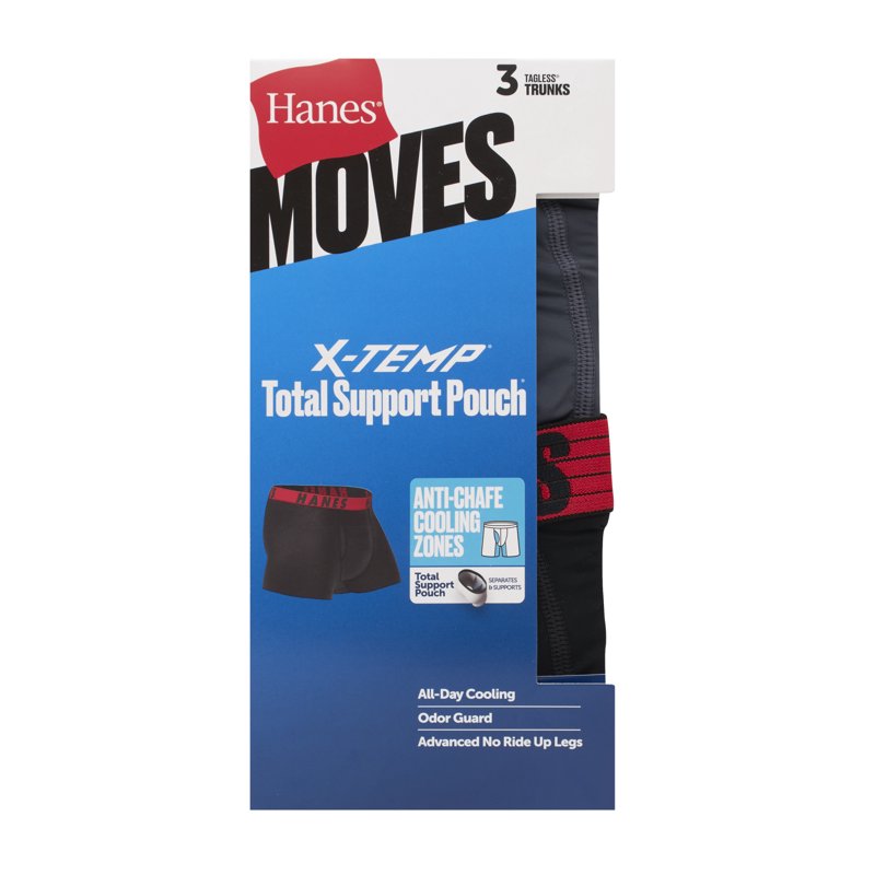 Hanes Moves Men’s Anti-Chafe Trunk Underwear Total Support Pouch 3-Pack 4" Inseam