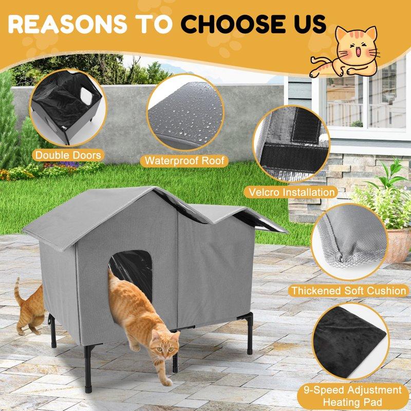 Heated Outdoor Cat House For Winter Weatherproof Insulated Oxford Cloth & Elevated Large Outdoor Feral Cat House With Pet Heating Pad Bed Outside Cat House For Stray Barn Cats Grey