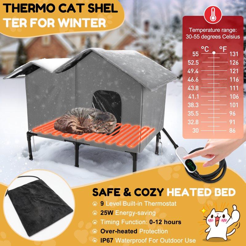 Heated Outdoor Cat House For Winter Weatherproof Insulated Oxford Cloth & Elevated Large Outdoor Feral Cat House With Pet Heating Pad Bed Outside Cat House For Stray Barn Cats Grey