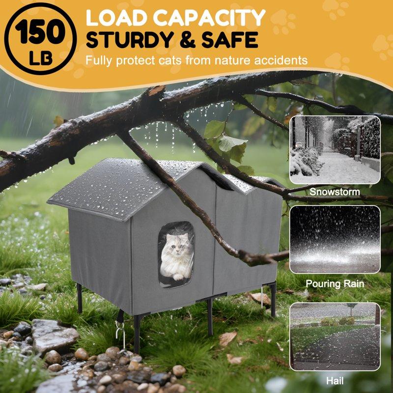 Heated Outdoor Cat House For Winter Weatherproof Insulated Oxford Cloth & Elevated Large Outdoor Feral Cat House With Pet Heating Pad Bed Outside Cat House For Stray Barn Cats Grey