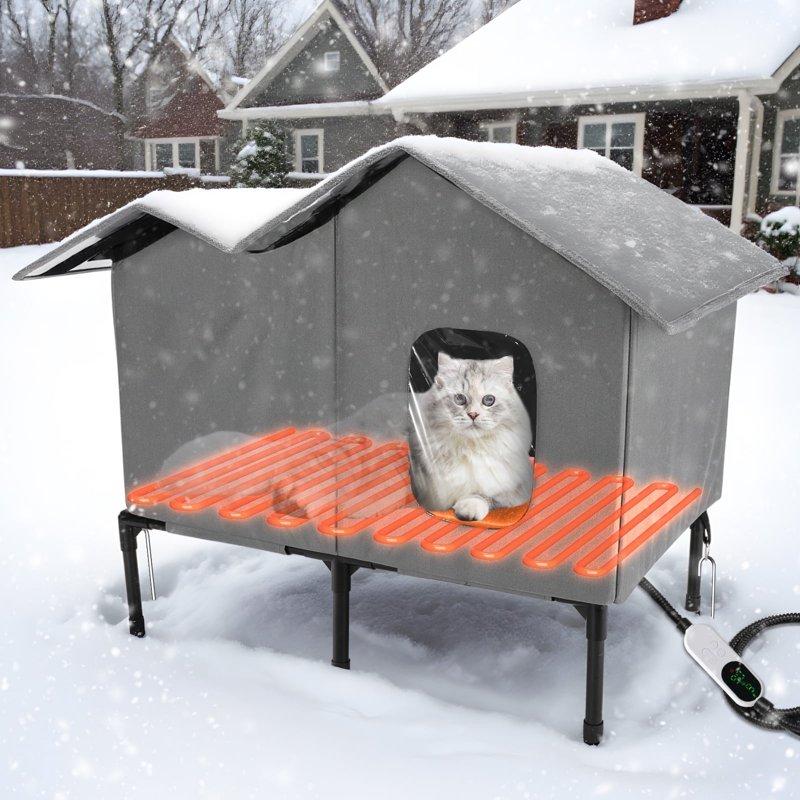 Heated Outdoor Cat House for Winter Weatherproof Insulated Oxford Cloth & Elevated Large Outdoor Feral Cat House with Pet Heating Pad Bed Outside Cat House for Stray Barn Cats Grey