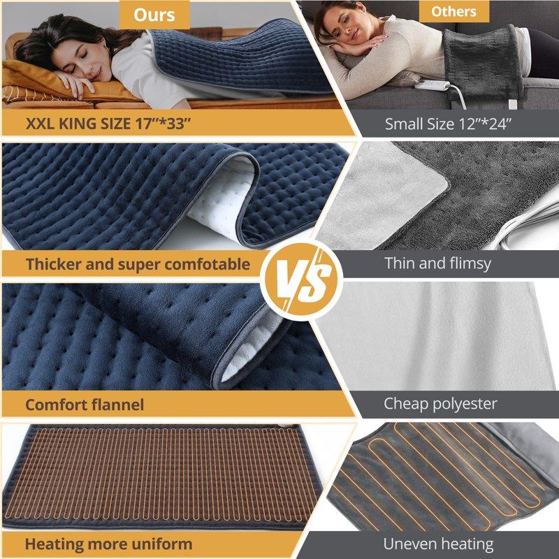Heating Pad For Back Relief Sable 33" X 17" XXX-Large Heating Pads For Cramps Electric Heating Pad Xl With 6 Fast Heating Settings Moist Dry Heat Options Auto-Off Machine Washable