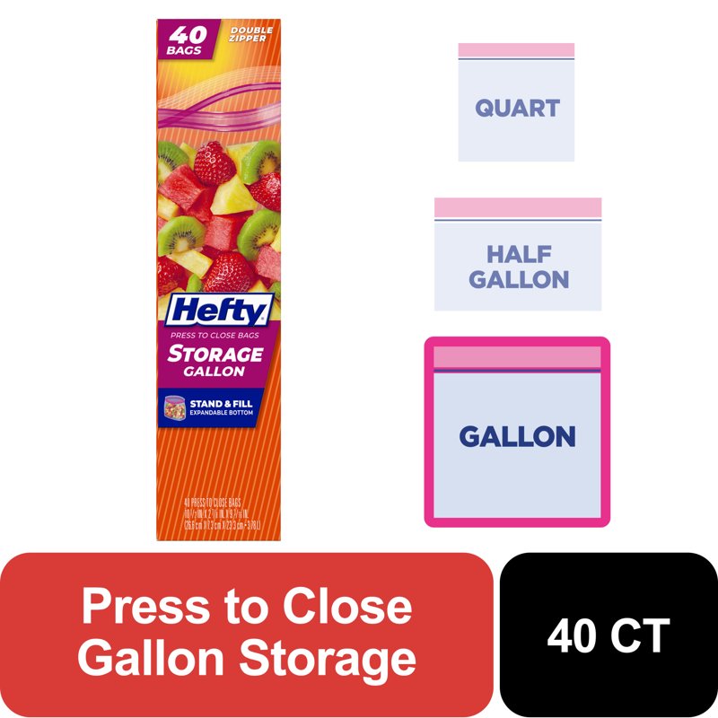 Hefty Press to Close Plastic Bags for Food Storage gallon Size 40 Count