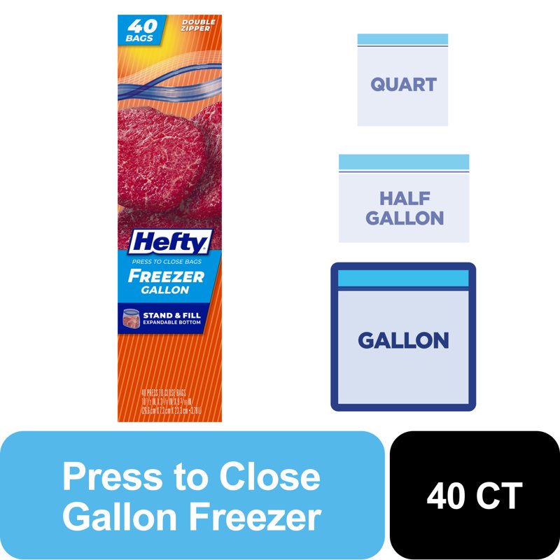 Hefty Press to Close Plastic Freezer Bags gallon Size 40 Count