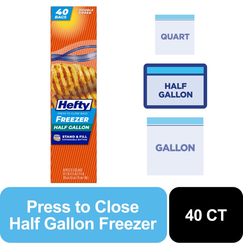 Hefty Press to Close Plastic Freezer Bags Half gallon Size 40 Count