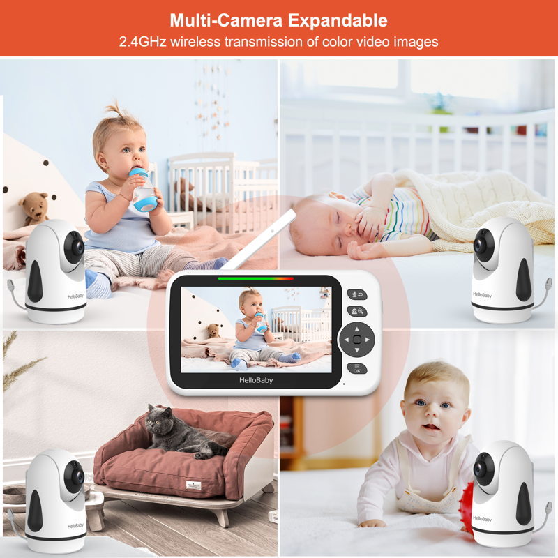 HelloBaby Video Baby Monitor-HB6352 With Remote Pan-Tilt And Zoom 1000ft Long Range No WiFi 5.0" LCD Night Vision Lullabies And Two-Way Audio
