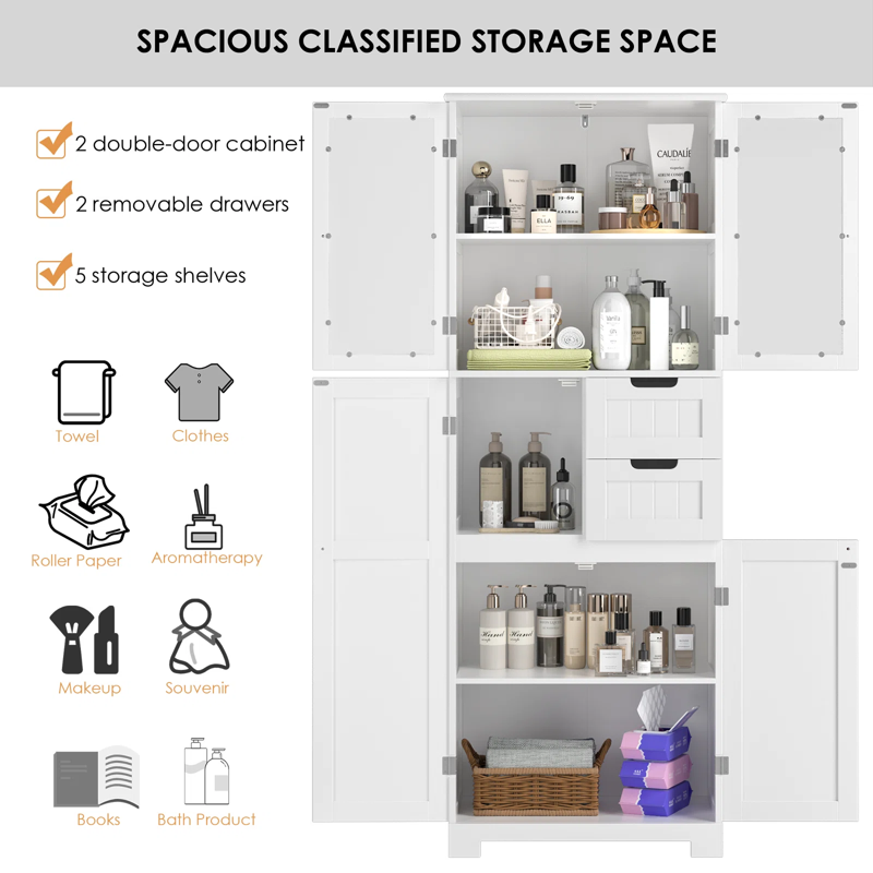 Homfa 67" Tall Bathroom Cabinet White Linen Cabinet With Doors And Removable Drawers Kitchen Cupboard