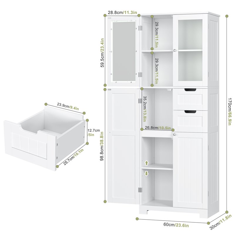 Homfa 67" Tall Bathroom Cabinet White Linen Cabinet With Doors And Removable Drawers Kitchen Cupboard