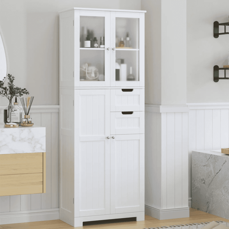 Homfa 67" Tall Bathroom Cabinet White Linen Cabinet with Doors and Removable Drawers Kitchen Cupboard