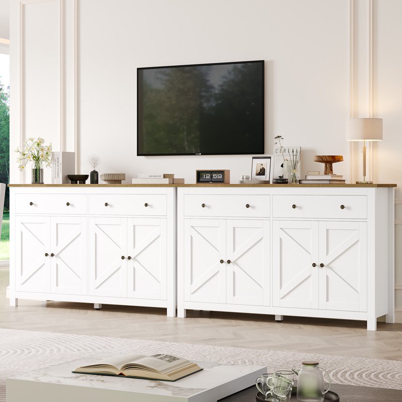 Homfa Farmhouse Kitchen Sideboard 4-Doors 2-Drawers Wood Buffet Cabinet With Adjustable Shelves White