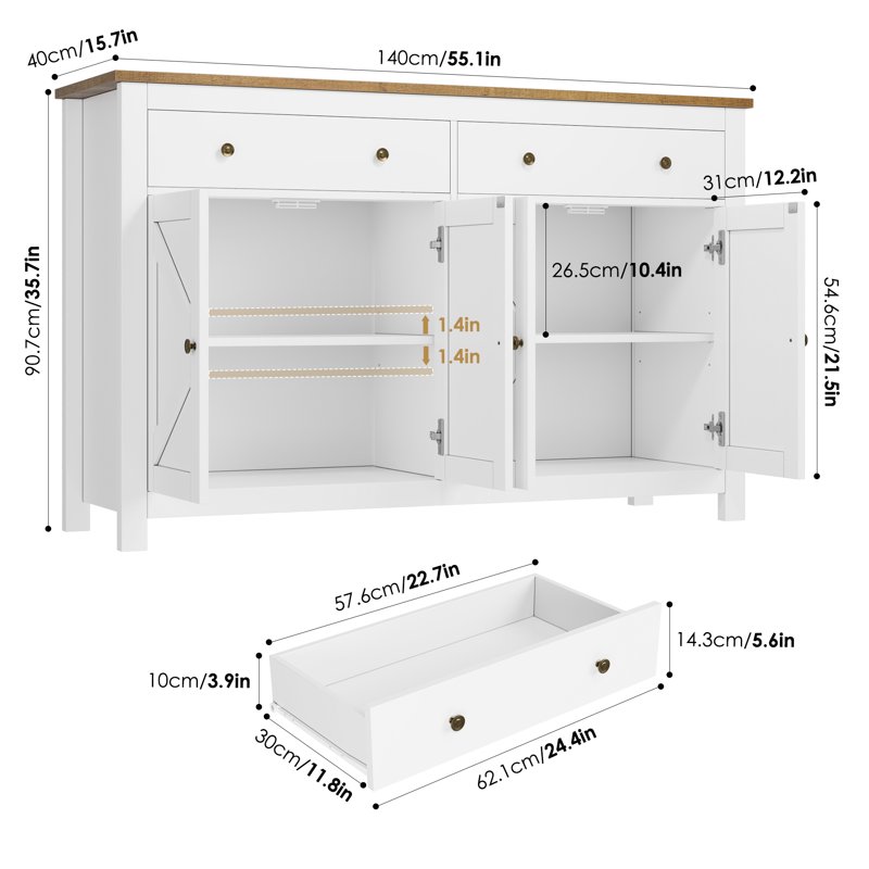 Homfa Farmhouse Kitchen Sideboard 4-Doors 2-Drawers Wood Buffet Cabinet With Adjustable Shelves White