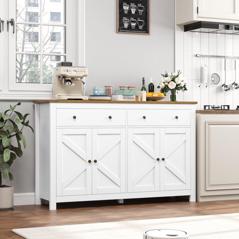 Homfa Farmhouse Kitchen Sideboard 4-Doors 2-Drawers Wood Buffet Cabinet with Adjustable Shelves White
