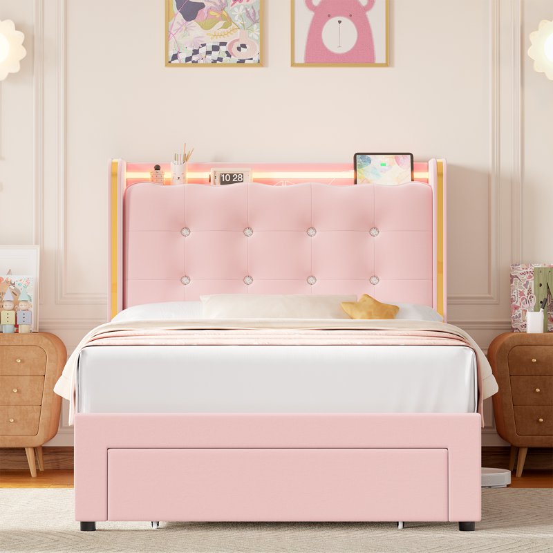 Homfa Twin Size LED Bed Frame With Drawer Velvet Crystal Button Upholstered Platform Bed Frame With Outlets And USB Ports & Display Platform No Box Spring Needed Pink
