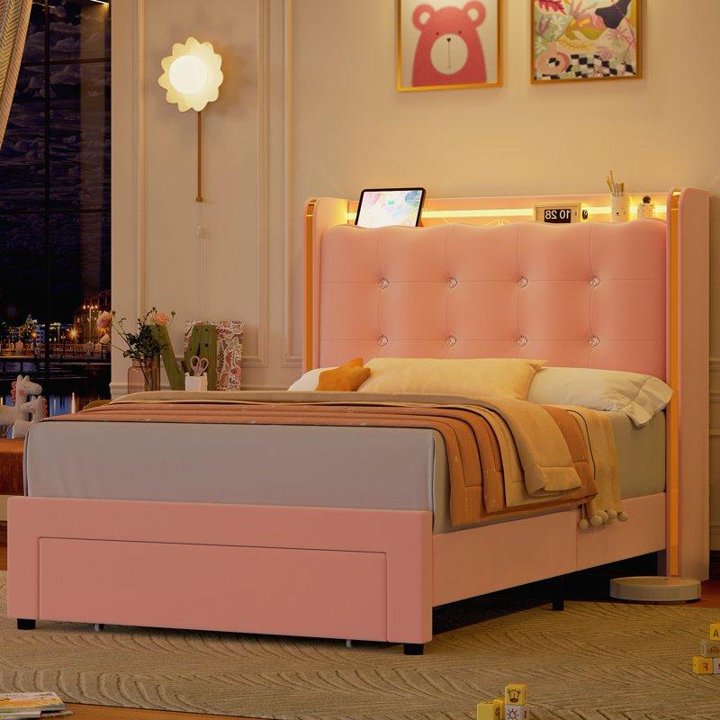 Homfa Twin Size LED Bed Frame With Drawer Velvet Crystal Button Upholstered Platform Bed Frame With Outlets And USB Ports & Display Platform No Box Spring Needed Pink
