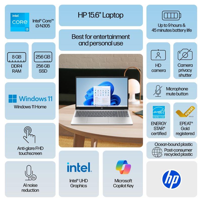 HP 15.6 Inch Windows Touch Laptop Intel Core I3-N305 8GB RAM 256GB SSD Moonlight Blue