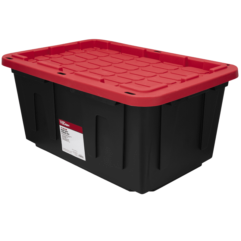 Hyper Tough Large Storage Bin 27 Gallon Plastic Storage Container With Snap-On Lid Black And Red Industrial