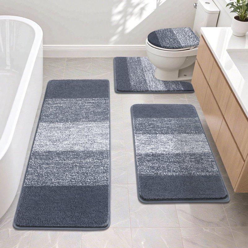 Ileading Traditional 4 Piece Microfiber Washable Bathroom Rug Set Grey
