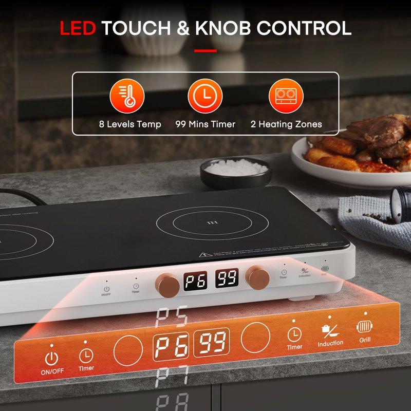 Induction Cooktop 2 Burners 1800W Countertop Burners With Removable Cast Iron Griddle Pan Non-Stick 8 Power Levels Control