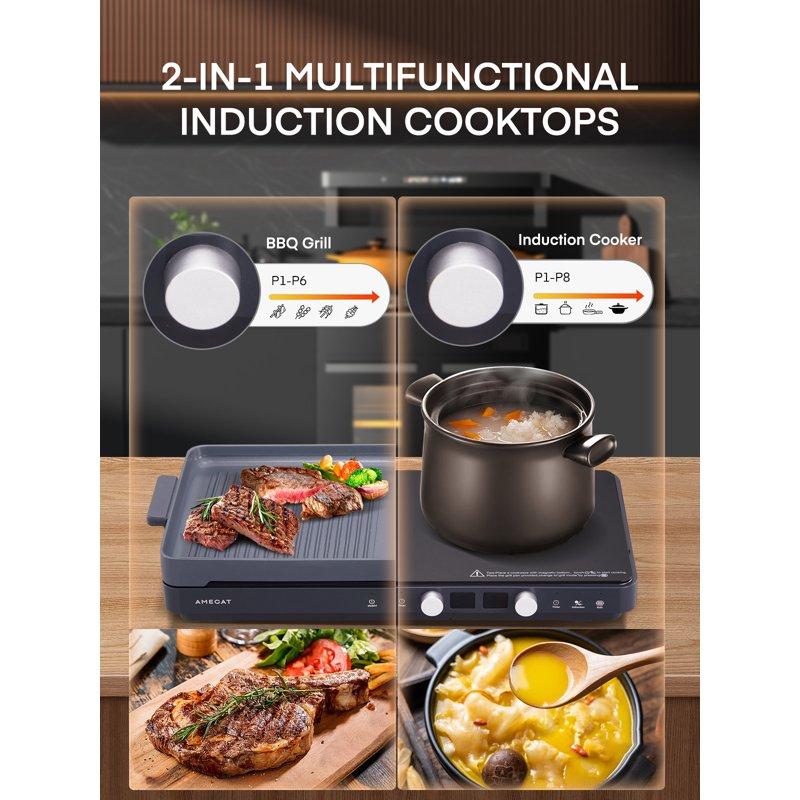 Induction Cooktop 2 Burners 1800W Countertop Burners With Removable Cast Iron Griddle Pan Non-Stick 8 Power Levels Control