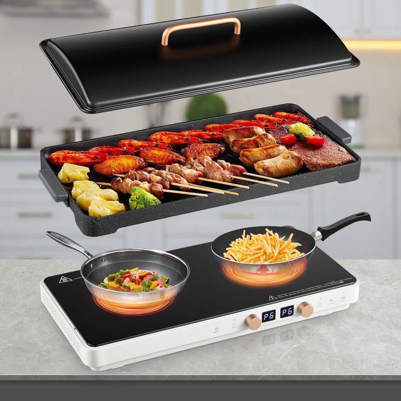 Induction Cooktop 2 Burners 1800W Countertop Burners with Removable Cast Iron Griddle Pan Non-Stick 8 Power Levels Control