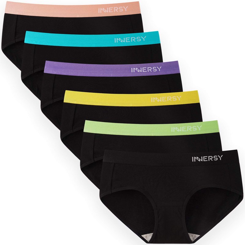 INNERSY Underwear for Women Black Cotton Hipster Panties Sport Underwear 6- Pack (Large Black With Colorful Waistbands)