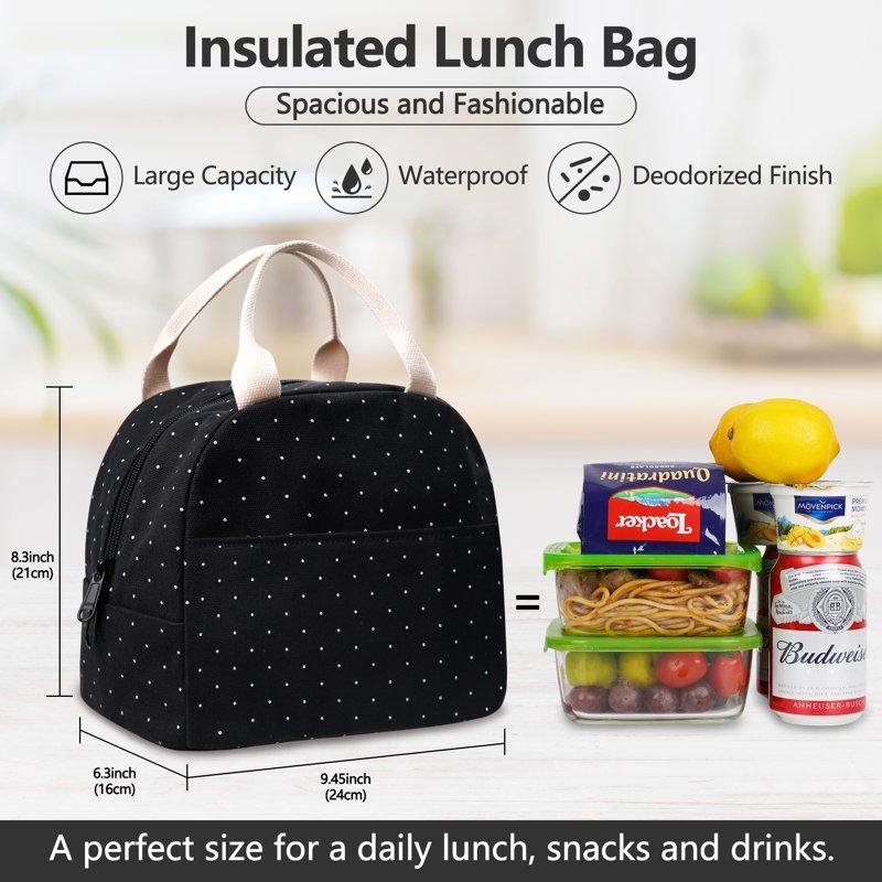 Inosoo Insulated Lunch Bag For Women Fashion Black Lunch Box With White Polka Dot