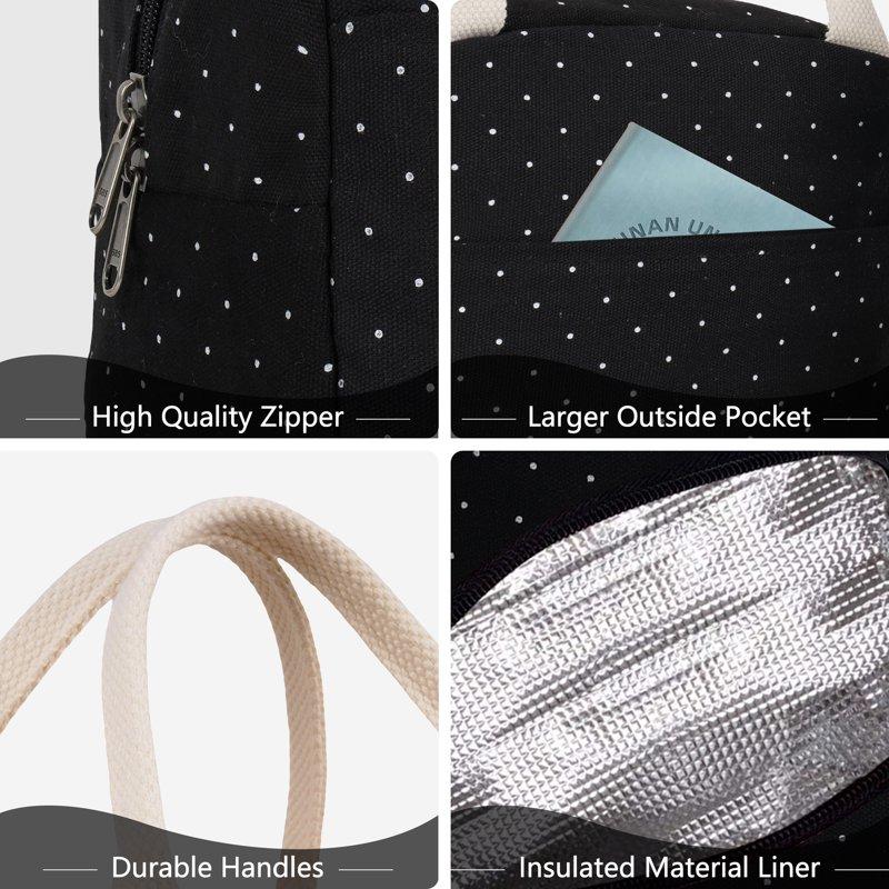 Inosoo Insulated Lunch Bag For Women Fashion Black Lunch Box With White Polka Dot