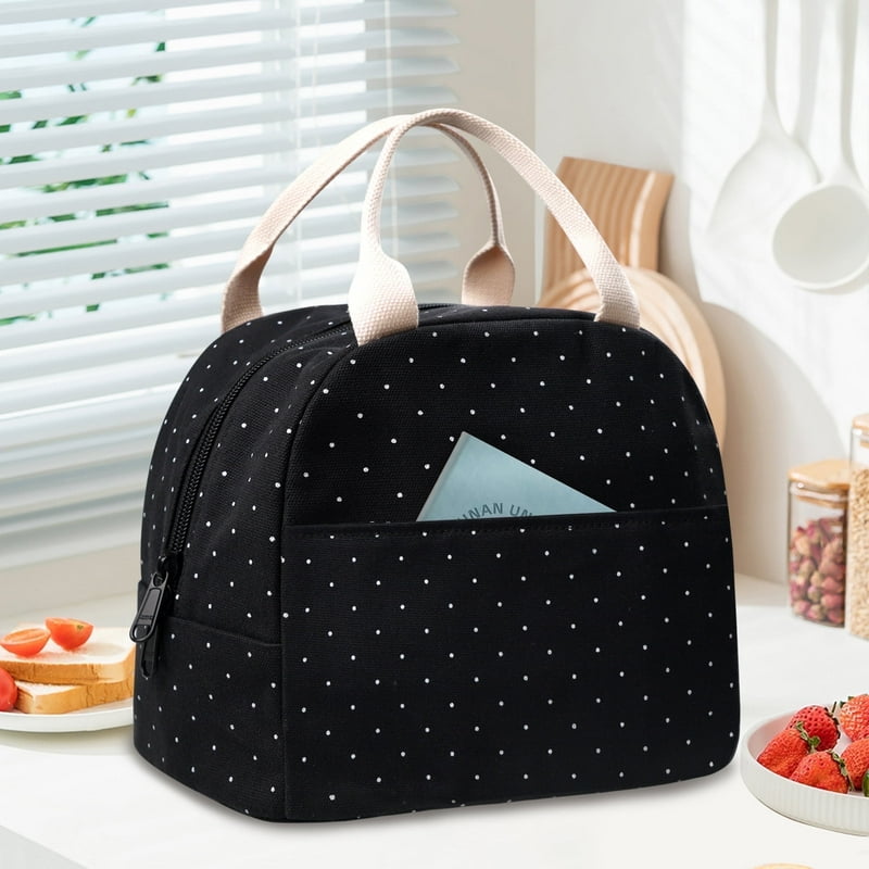 Inosoo Insulated Lunch Bag for Women Fashion Black Lunch Box with White Polka Dot
