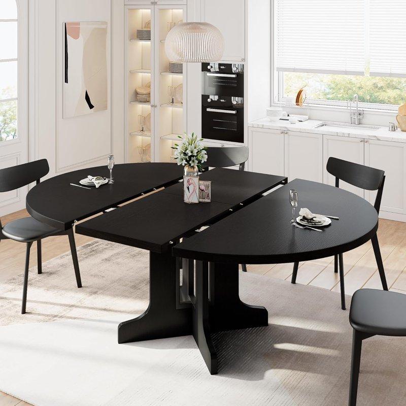 IPormis 59" Extendable Round Dining Table For 6 Modern Kitchen Table With Sturdy Wooden Base Dining Room Table With Thickened MDF Board Perfect For Small Space Black