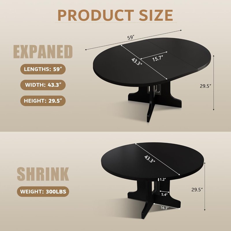 IPormis 59" Extendable Round Dining Table For 6 Modern Kitchen Table With Sturdy Wooden Base Dining Room Table With Thickened MDF Board Perfect For Small Space Black