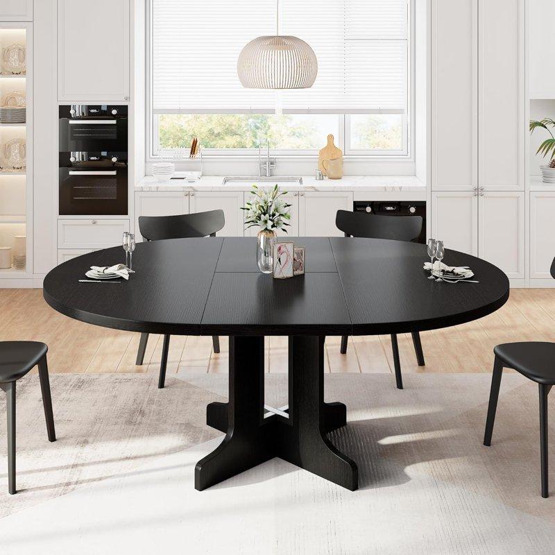IPormis 59" Extendable Round Dining Table For 6 Modern Kitchen Table With Sturdy Wooden Base Dining Room Table With Thickened MDF Board Perfect For Small Space Black