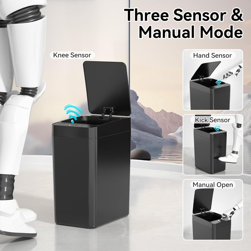 IRINNA 2Pack Bathroom Small Trash Can With Lid 2.6 Gallon Touchless Automatic Garbage Can Slim Waterproof Motion Sensor Smart Trash Bin For Bedroom Office Kitchen Living Room (Black)